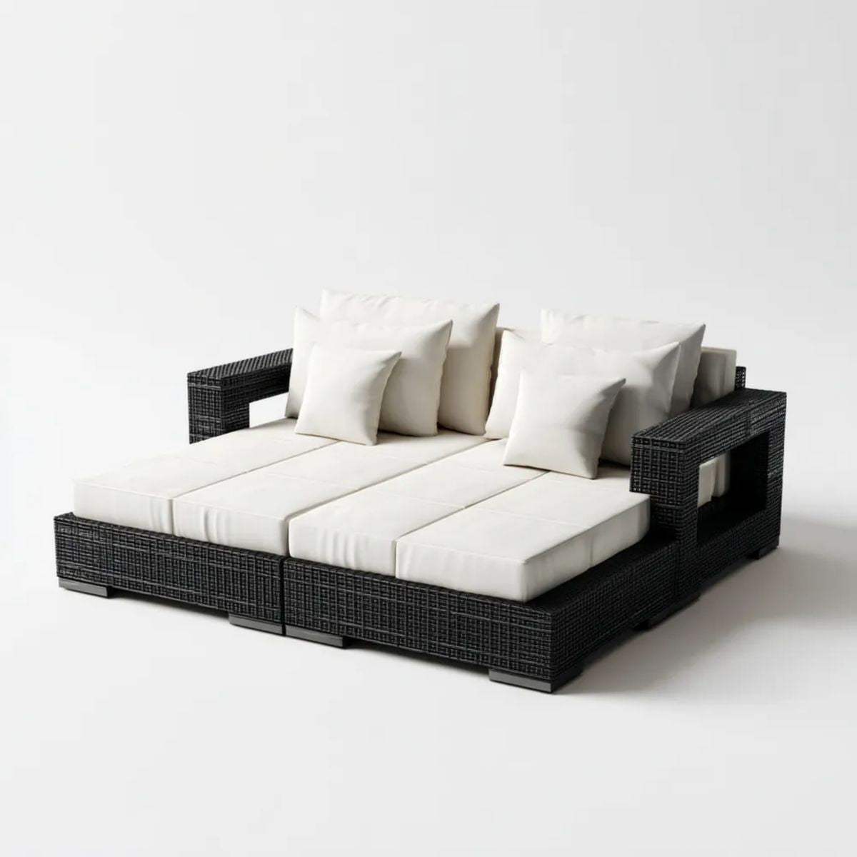 Sofa ogrodowa, 2 prostokątne czarne wyplecione żywice wyściełane łóżka ogrodowe z kremem wyściełanym 200 x 140 x 75 cm