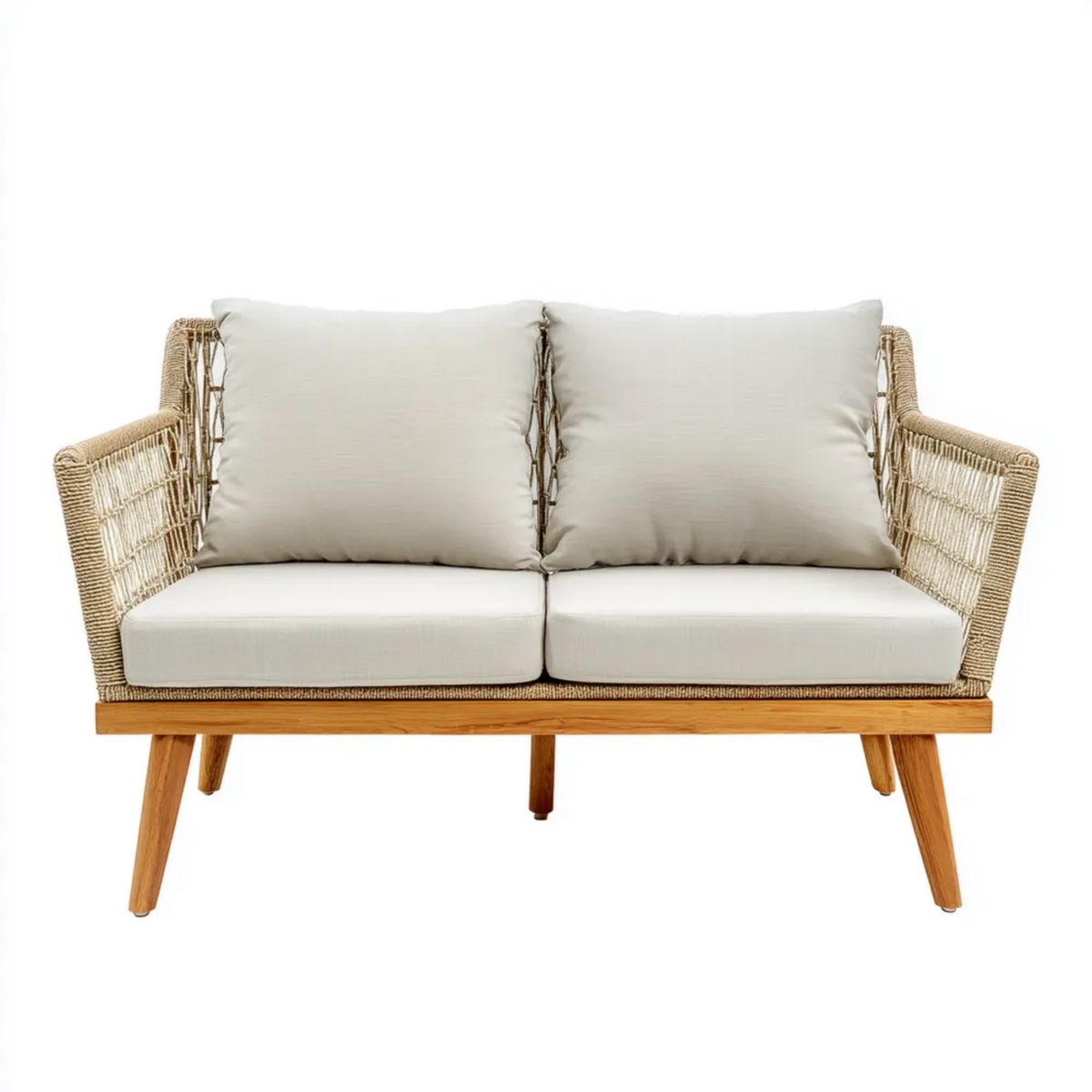 Sofa ogrodowa, Ogród Taras 2 beżowe fotele w wyprostowanej linie i akacji, 140 x 75 x 78 cm