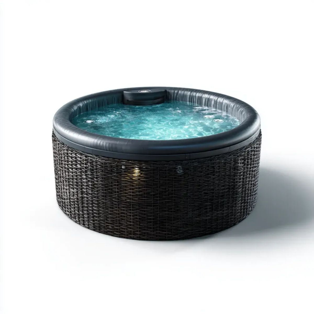 Wanna spa, Okrągłe, nadmuchiwane spa z czarnymi i niebieskimi PVC Bańki PVC, Ø 196 x 71 cm, 6 foteli