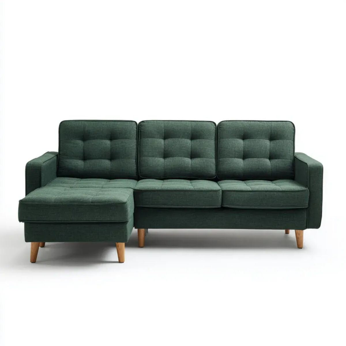 Sofa, 3-osobowa sofa z lewym szezlongiem w ciemnozielonym poliestrze i drewnianych stopach, 210 × 145 × 85 cm