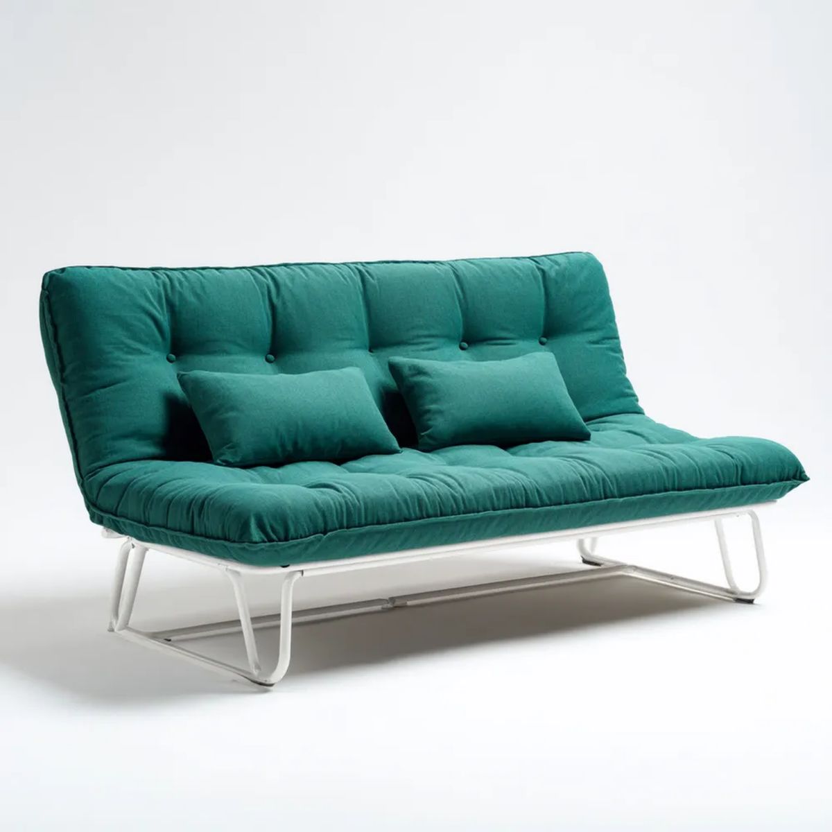 Sofa, 3-osobowa futon kabriolet sofa w poliestrowym szmaragdzie zielona z metalową podstawą 180 x 90 x 83 cm