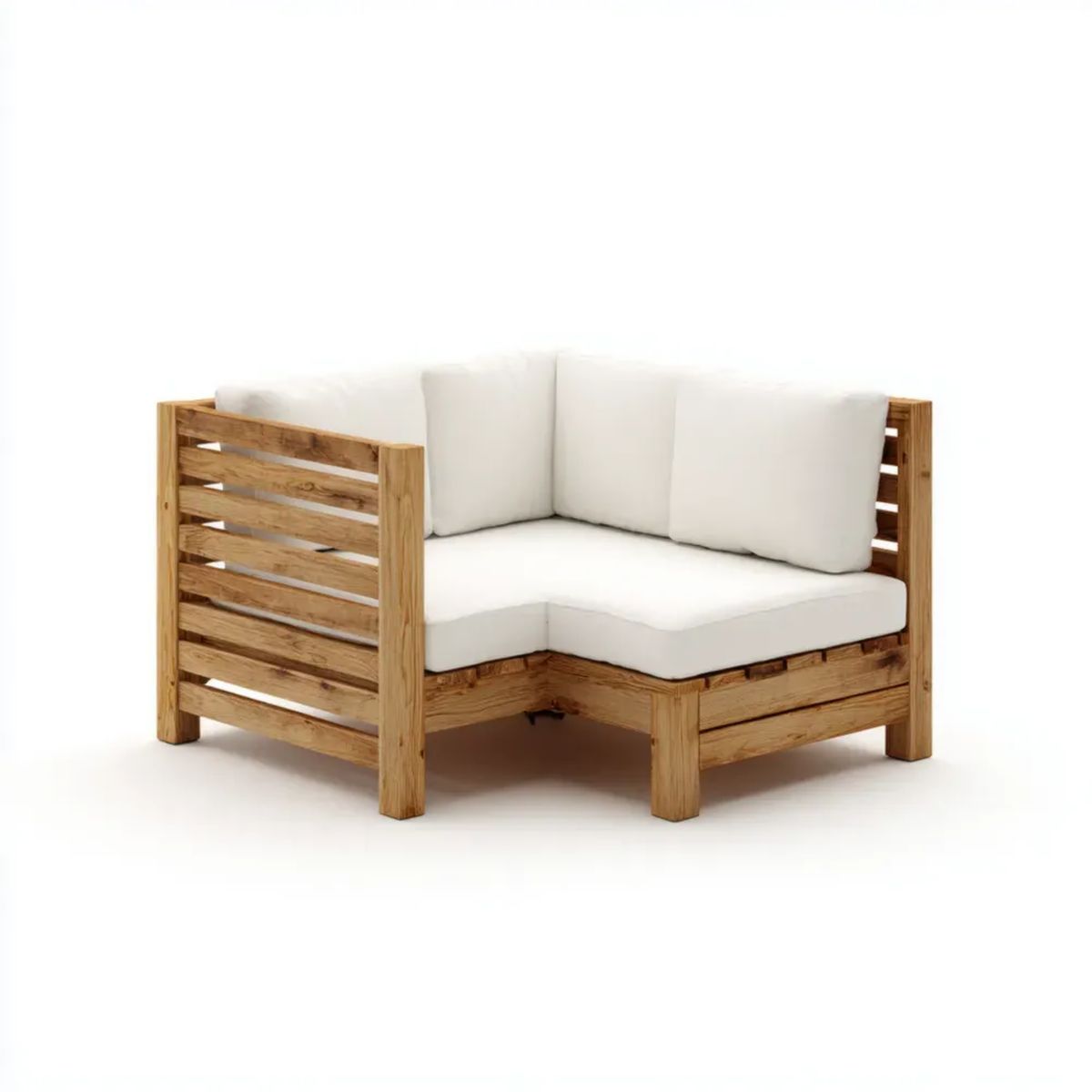Sofa ogrodowa, Ogród narożnik sofa 2 fotele w krzesełku naturalne depilacja drewno z białym poduszeczkami, 120 x 120 x 70 cm