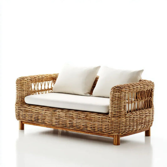 Sofa ogrodowa, Ogród Tapicerka 2 Tapicerki w Beżowym rattanie z poduszkami, 135 x 75 x 80 cm