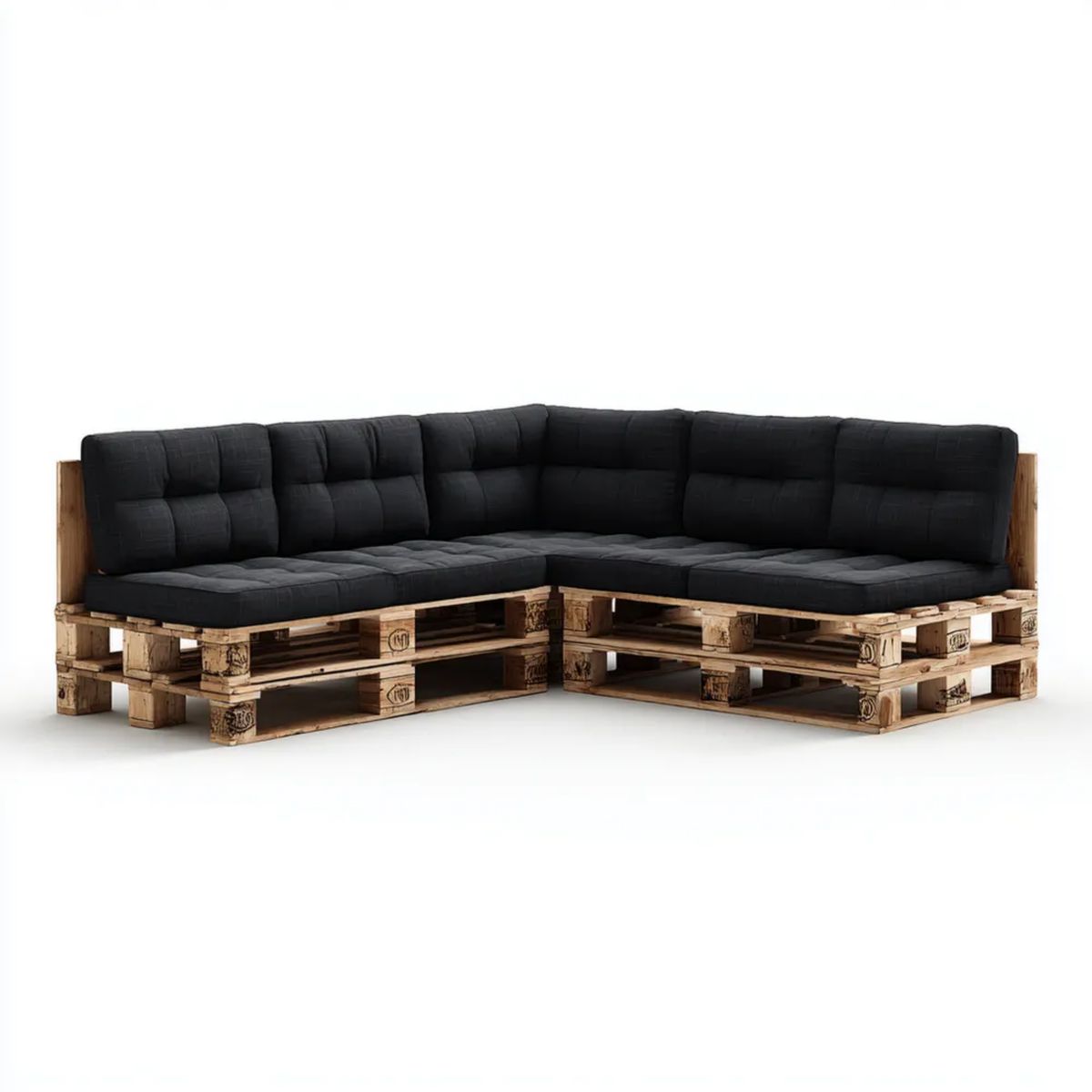 Sofa ogrodowa, Ogród narożnik sofa w drewnianych paletach drewnianych z czarnym poduszki, 240 x 240 x 80 cm, w kształcie litery L
