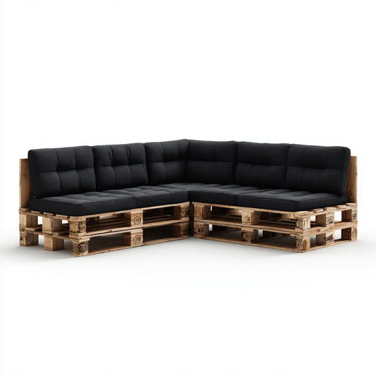 Sofa ogrodowa, Ogród narożnik sofa w drewnianych paletach drewnianych z czarnym poduszki, 240 x 240 x 80 cm, w kształcie litery L