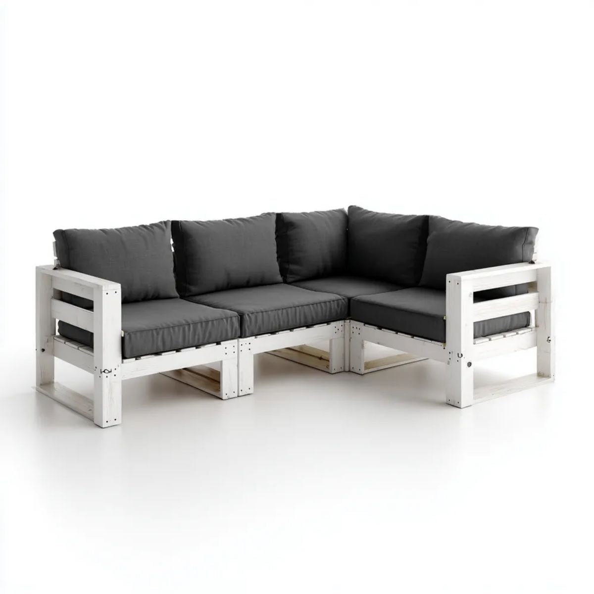 Sofa ogrodowa, Ogród narożnik sofa 3 fotele w kolorze białym drewno z czarnym poduszką, 220 x 140 x 65 cm