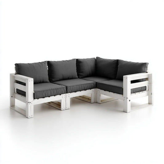 Sofa ogrodowa, Ogród narożnik sofa 3 fotele w kolorze białym drewno z czarnym poduszką, 220 x 140 x 65 cm