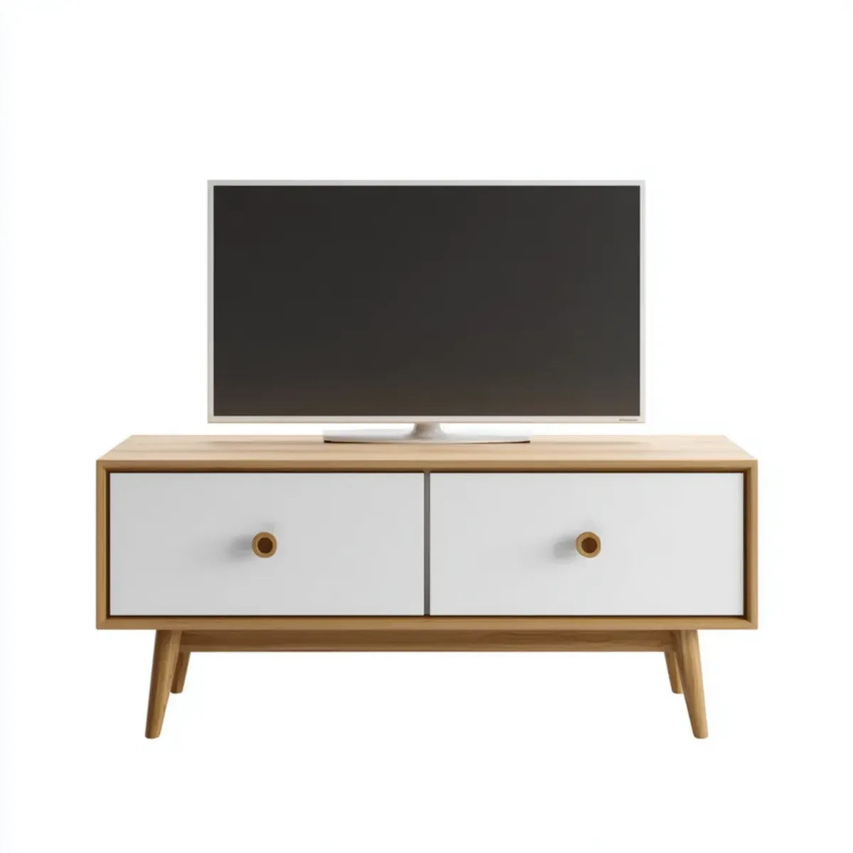 Szafka RTV, TV- Niskodeska z 2 szufladami Biała naturalna 120 x 40 x 60 cm MDF Rubber Tree- Masywny Drewno Prostokątny