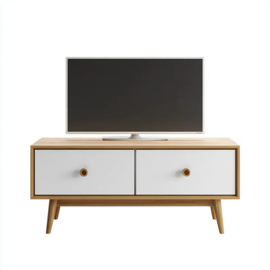 Szafka RTV, TV- Niskodeska z 2 szufladami Biała naturalna 120 x 40 x 60 cm MDF Rubber Tree- Masywny Drewno Prostokątny