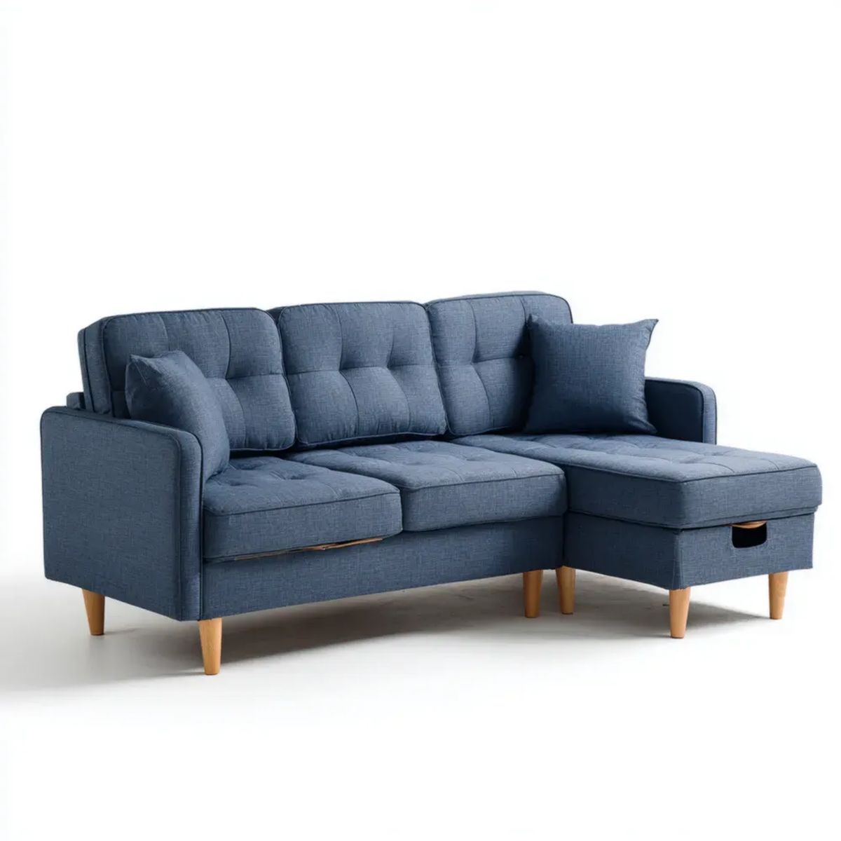 Sofa, 3-osobowa sofa w niebieskim kolorze burty z bursztynowym meridianem, skrzynka do przechowywania i drewniana nóżka, 220 x 145 x 85 cm