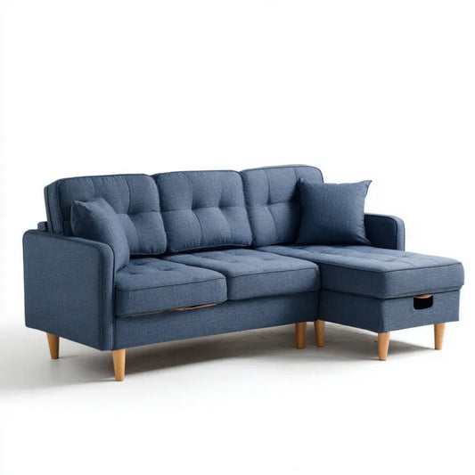 Sofa, 3-osobowa sofa w niebieskim kolorze burty z bursztynowym meridianem, skrzynka do przechowywania i drewniana nóżka, 220 x 145 x 85 cm