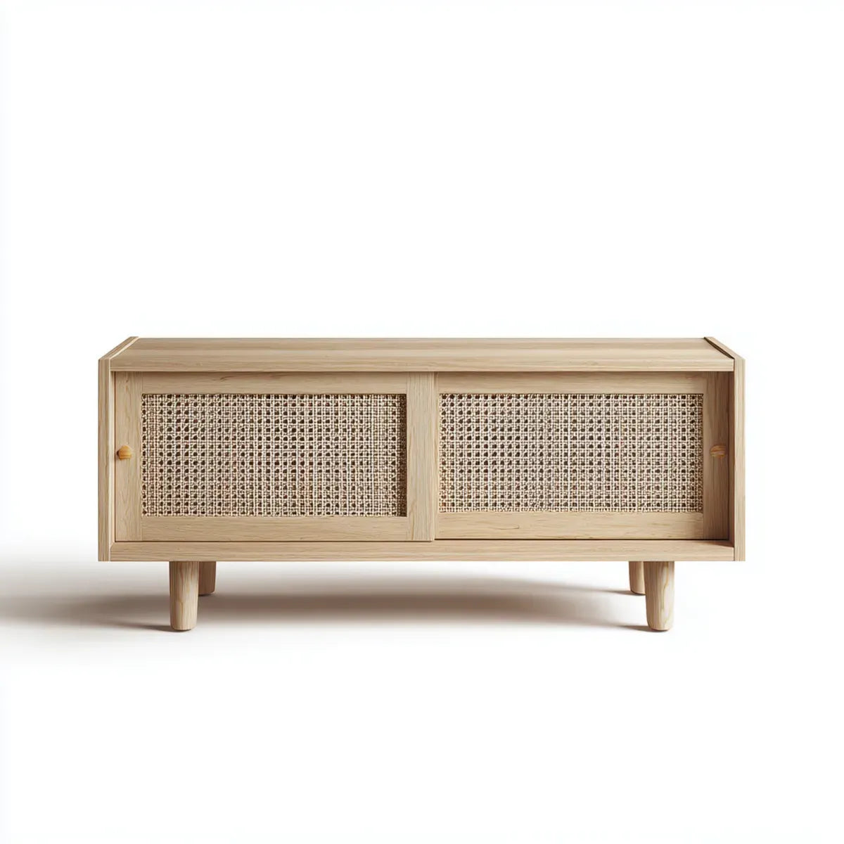 Szafka TV naturalna 120 x 40 x 55 cm z litego drewna dębowego z rattanowym braidem prostokątnym
