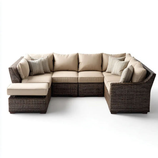 Sofa ogrodowa, Ogród Meble z regulowaną narożnikiem 5 części w cementowej żywicy cementowej ciemnobrązowe i beżowe poduszki, 250 x 190 x 75 cm