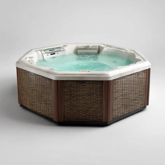 Wanna spa, Outdoor Spa z 6-osobowym białym i brązowym strumieniem w PMMA i ośmiokątnym polietylenu plecionym 218 x 218 x 92 cm