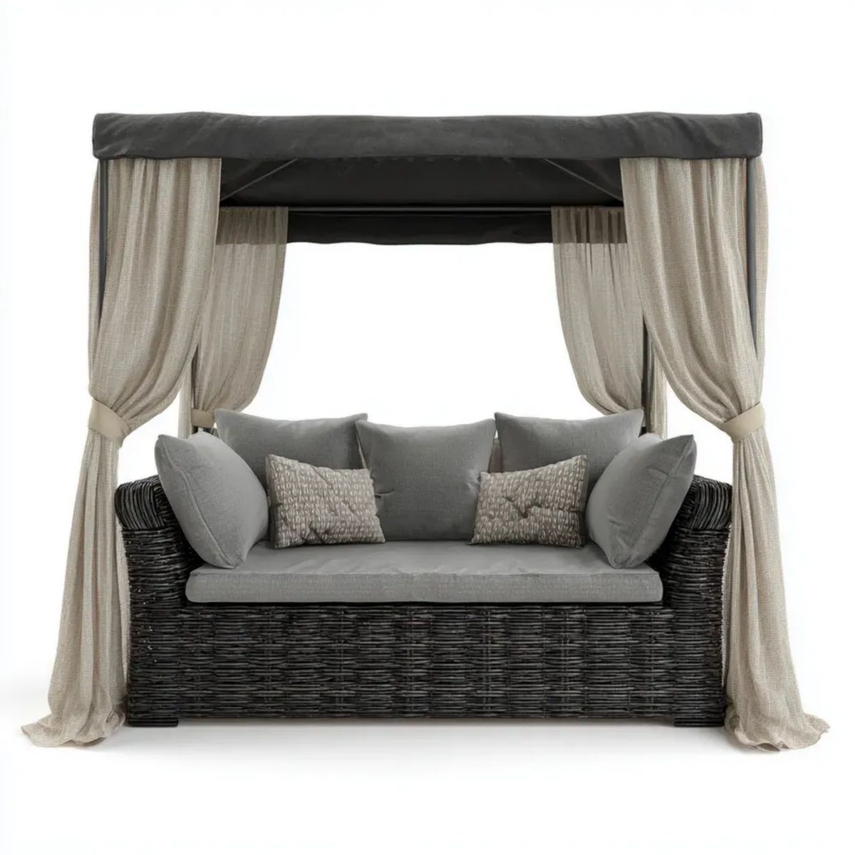 Sofa ogrodowa, Ogród Suitansofa 3 Suitandack w rattanie z dachem i szarym firanki, 180 x 90 x 200 cm