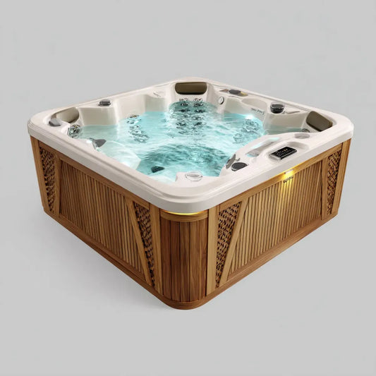 Wanna spa, Plac biały i brązowy odkryty spa w akrylu i PVC 210 x 210 x 92 cm 5 miejsc z dyszami hydromasażowymi