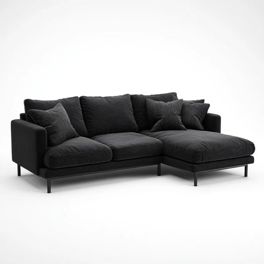 Sofa, narożna sofa 3-fotelik z prawym zwrotnikiem czarny 250 x 160 x 85 cm poliester aksamit kształt litery L
