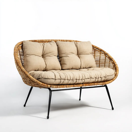 Sofa ogrodowa, Tapczan ogrodowy 2 beżowe siedzenia w naturalnym rattanie i stali okrągły kształt 145 x 75 x 85 cm