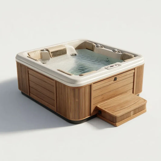 Wanna spa, Spa kwadratowy balneo beżowy i brązowy 200 x 200 x 90 cm w ABS akryl z opatrunkiem WPC i stopniem