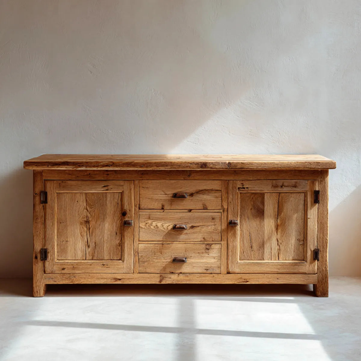 Kredens, Deska boczna z litego drewna dębowego o wymiarach 160 x 45 x 90 cm prostokątnych z 2 drzwiami i 3 szufladami