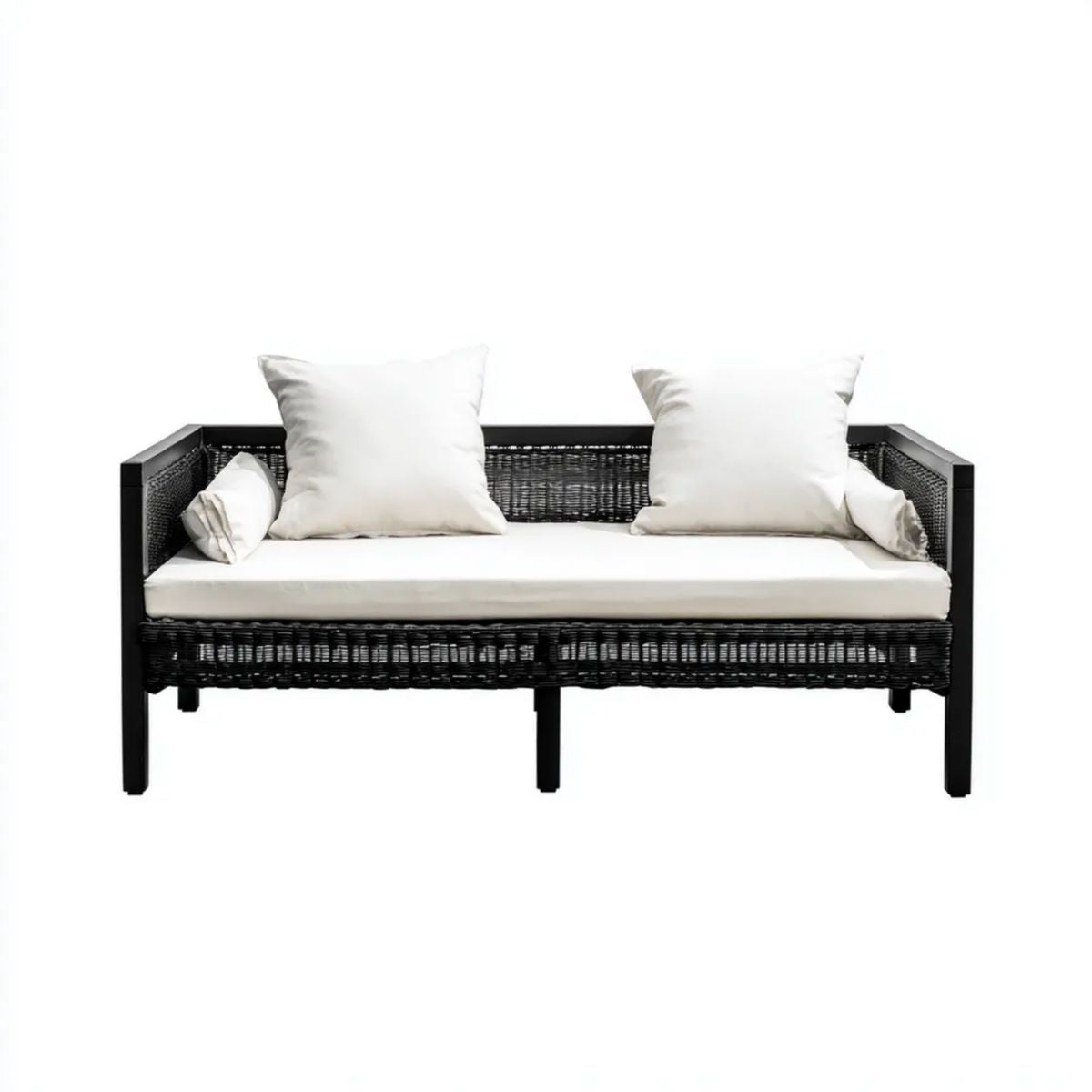 Sofa ogrodowa, 2 czarne i białe czarne i off- białe ogrodowe sofa w PE cementowa żywica i stal cementowa, 124 x 69 x 80 cm