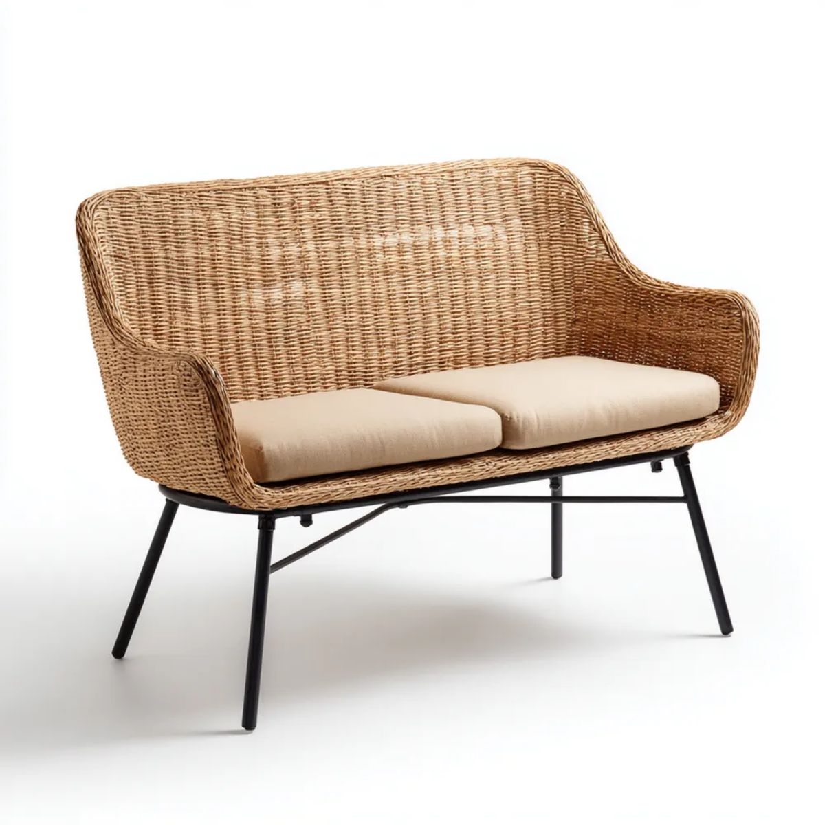 Sofa ogrodowa, Ogród Taras 2 Tapety w beżowym rattanie i czarny stal, 120 x 70 x 78 cm