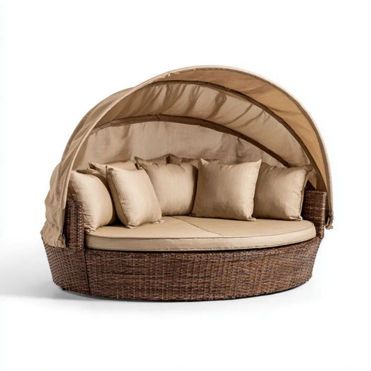 Sofa ogrodowa, Okrągłe łóżko ogrodowe w plecionej żywicy z brązowym i beżowym diodem Ø 180 x 150 cm