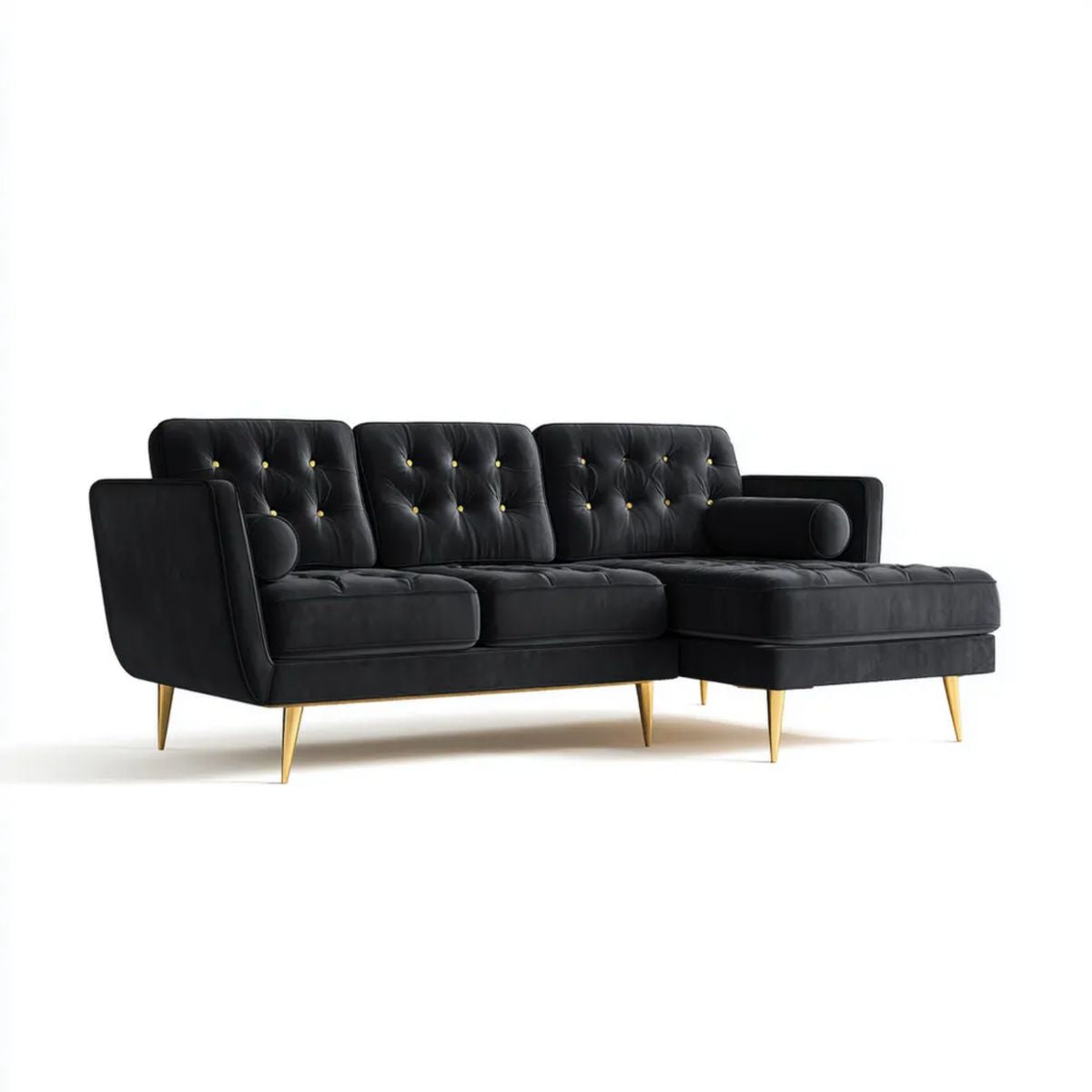 Sofa, 3-osobowa sofa z szezlongiem na prawo w kolorze czarnym syntetyczne skóry i złoto metalowe nóżki, 220 x 150 x 85 cm