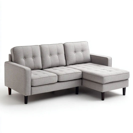 Sofa, 3-osobowa w sofie w kolorze jasnoszarym z szezlongiem bursztynowym, 210 x 145 x 84 cm