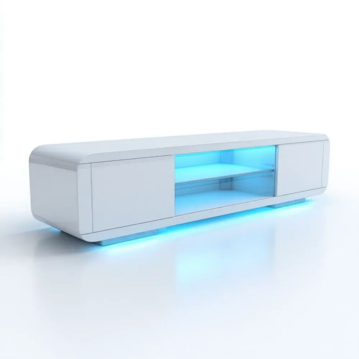 Szafka RTV, Biała szafka z płytą MDF z lakierowaną TV 200 x 35 x 40 cm z niebieskim oświetleniem LED