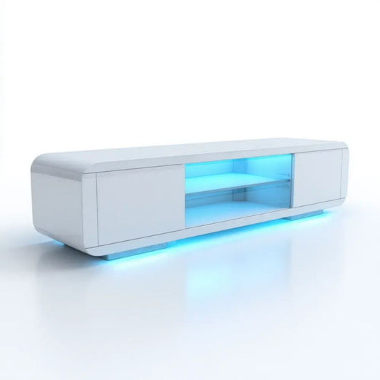 Szafka RTV, Biała szafka z płytą MDF z lakierowaną TV 200 x 35 x 40 cm z niebieskim oświetleniem LED