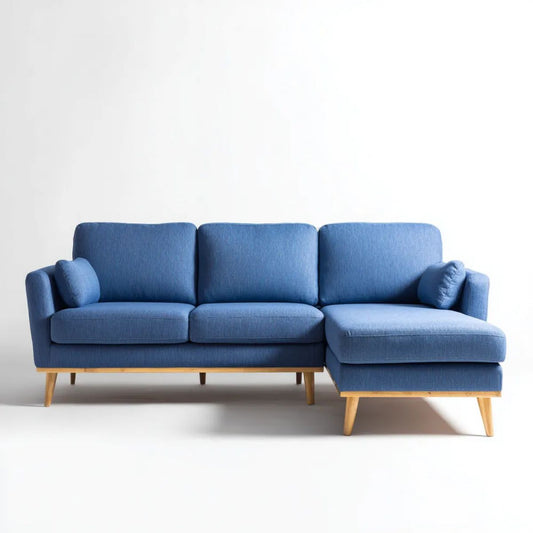 Sofa, 3-osobowa poliester niebieski sofa 230 x 150 x 85 cm z szezlongiem po prawej stronie