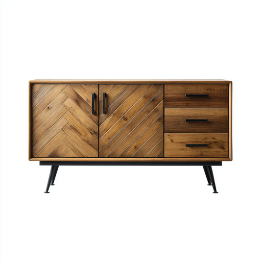 Kredens, Boczne brązowe 160 x 40 x 80 cm z drewna mango, prostokątne z 2 drzwiami i 3 szufladami